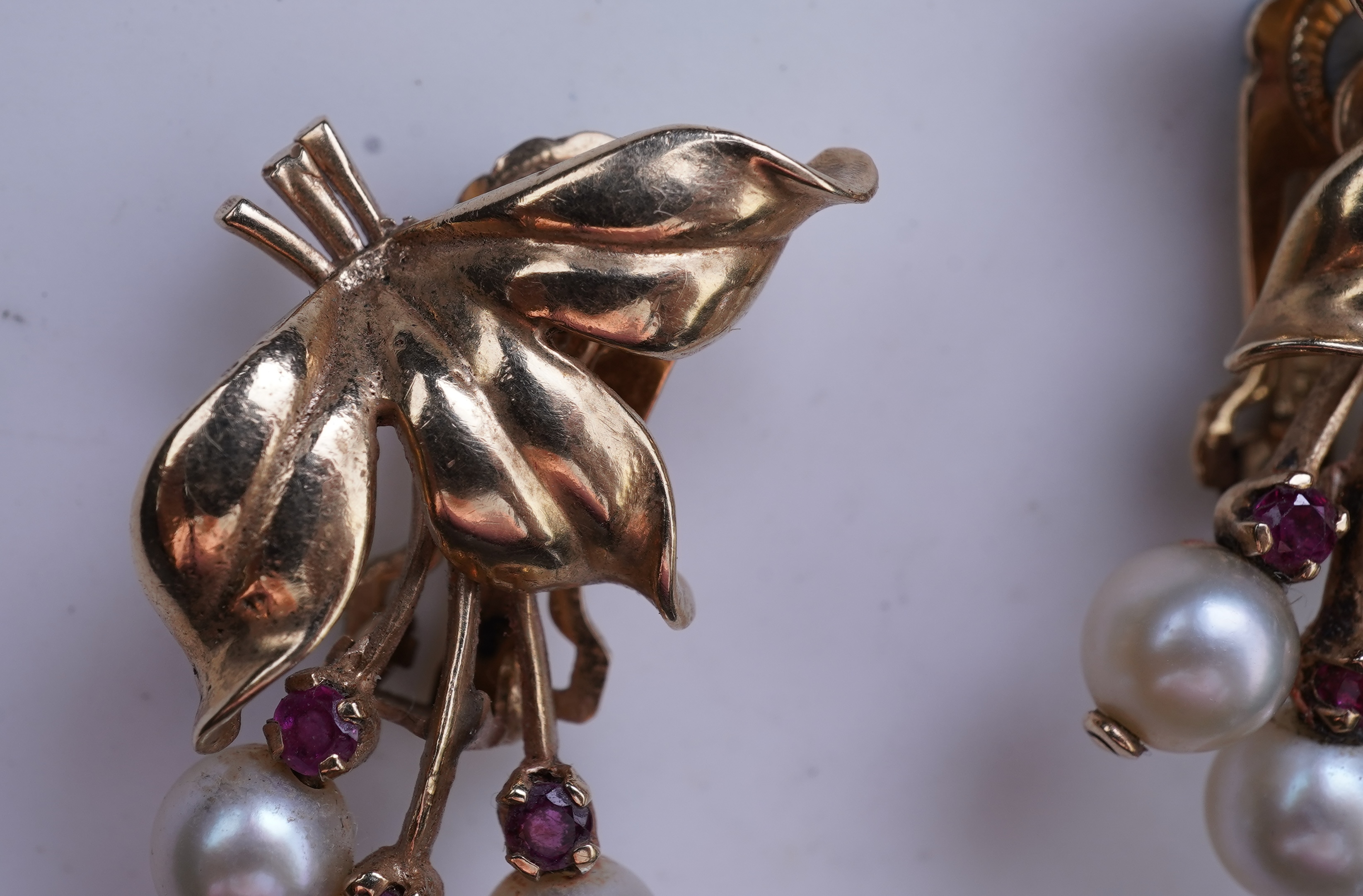 A pair of Retro cultured pearl and ruby ear clips, 1940s